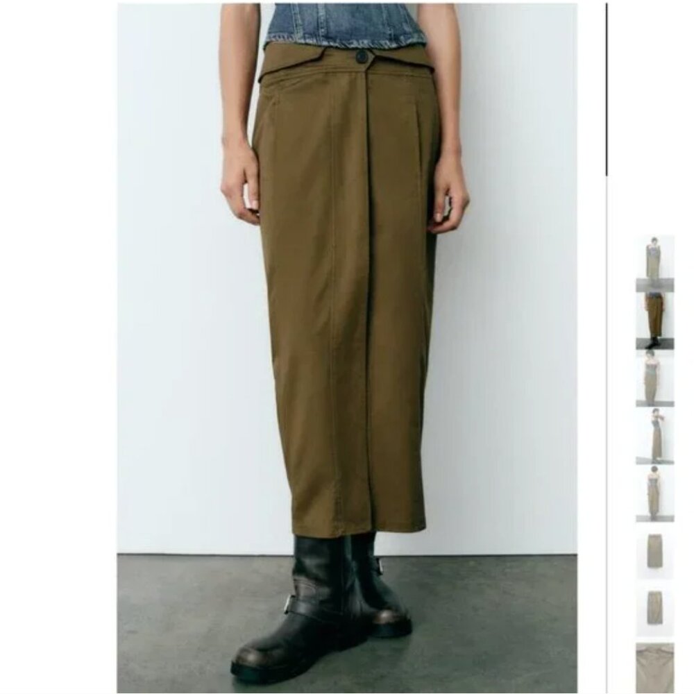 NWT ZARA FOLDOVER WAIST MIDI SKIRT DARK KHAKI